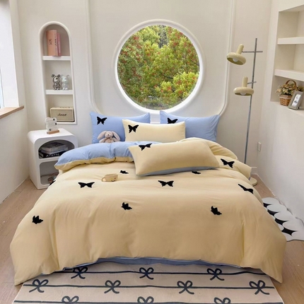 91家纺网 家纺一手货源 找家纺 迪拜家纺 2025新款加厚水洗棉四件套-蝴蝶 蝴蝶-黄+蓝