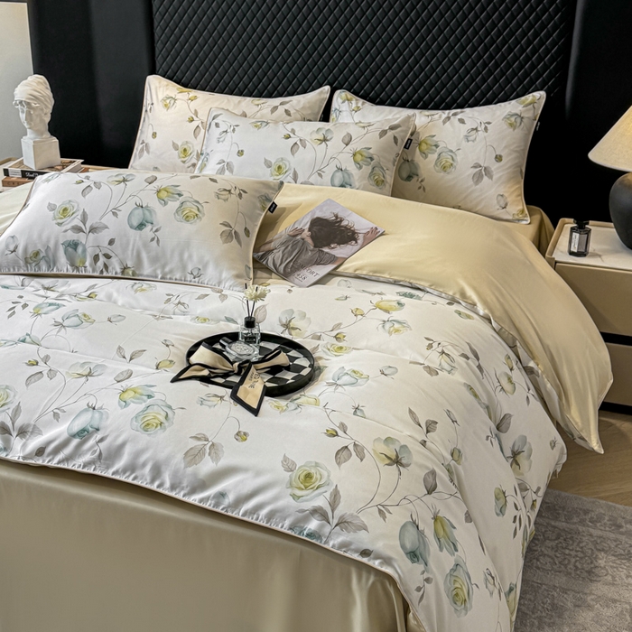 91家纺网 家纺一手货源 找家纺 洺兰家居 2025春夏新款100支莱赛尔天丝贡缎数码印花麻绳款四件套高端礼盒 花意盈香灰