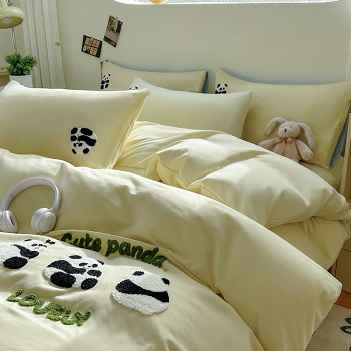 91家纺网 家纺一手货源 找家纺 易展家居 2025新款加厚水洗棉四件套-熊猫 春黄