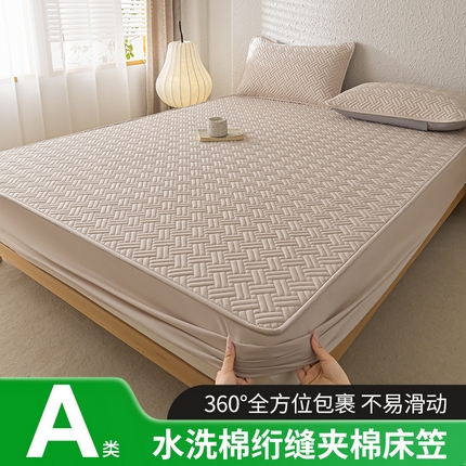 欧邦 2025新款四季款纯色水洗棉夹棉床笠床垫保护罩-场景一 条格-卡其