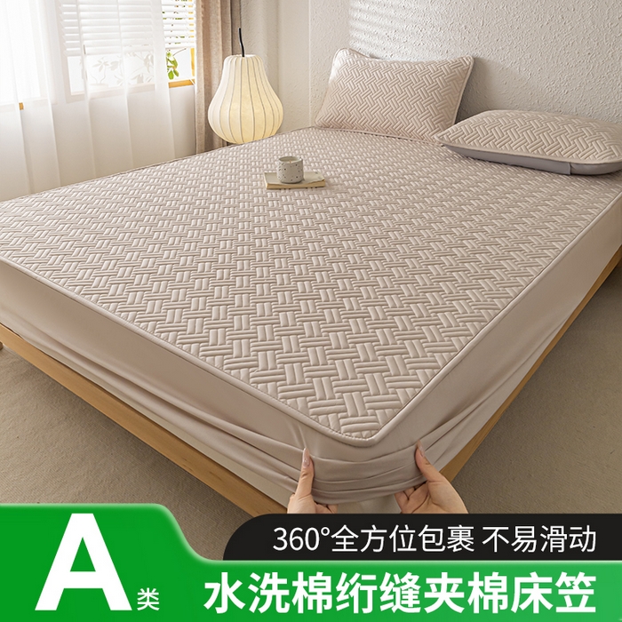 91家纺网 家纺一手货源 找家纺 欧邦 2025新款四季款纯色水洗棉夹棉床笠床垫保护罩-场景一 条格-卡其
