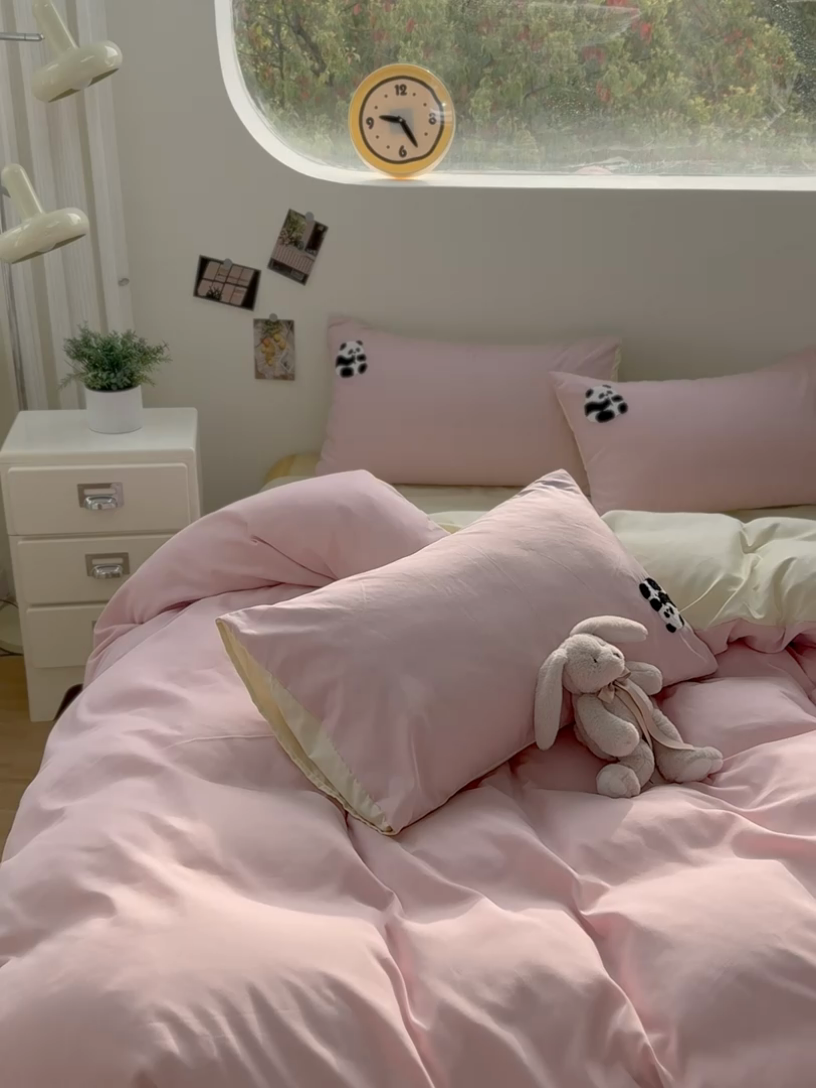 91家纺网 家纺一手货源 找家纺 迪拜家纺 2025新款加厚水洗棉四件套-熊猫 樱粉