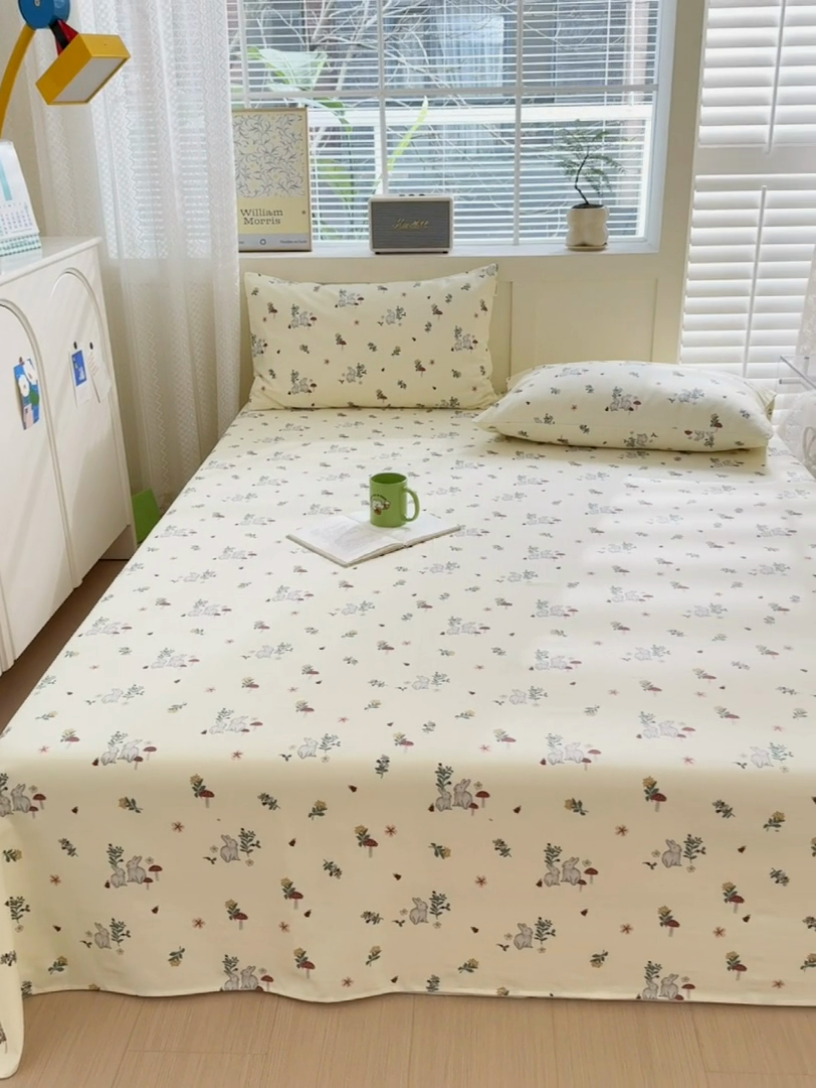 91家纺网 家纺一手货源 找家纺 吉象家纺 2025新款老粗布三件套-床单款 花园兔