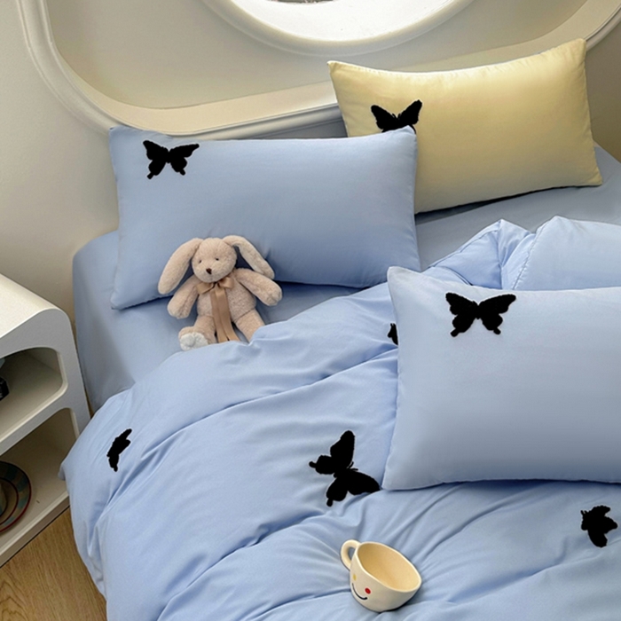 91家纺网 家纺一手货源 找家纺 迪拜家纺 2025新款加厚水洗棉四件套-蝴蝶 蝴蝶-蓝