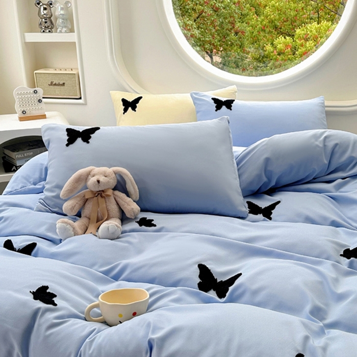 91家纺网 家纺一手货源 找家纺 迪拜家纺 2025新款加厚水洗棉四件套-蝴蝶 蝴蝶-蓝