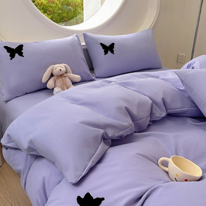 91家纺网 家纺一手货源 找家纺 迪拜家纺 2025新款加厚水洗棉四件套-蝴蝶 蝴蝶-紫