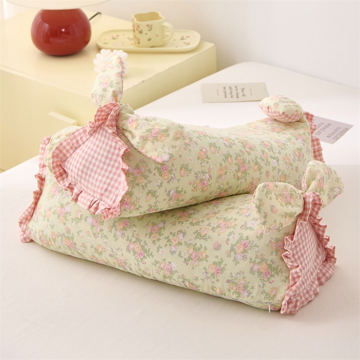 91家纺网 家纺一手货源 找家纺 大熊枕芯 2025新款田园风全棉印花双层纱萌趣兔子三角荞麦护颈枕枕头枕芯 田园土三角枕-浅黄50*15*15cm/只