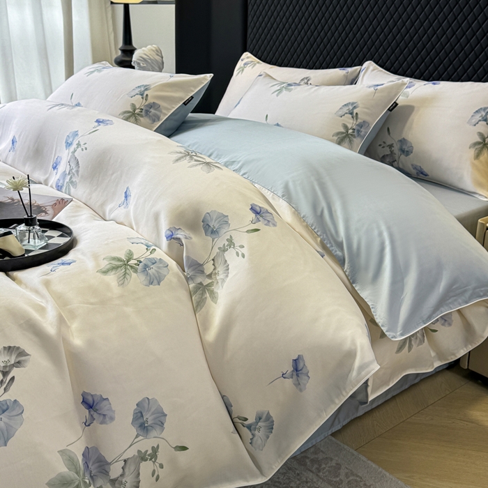 91家纺网 家纺一手货源 找家纺 芊寻家居 2025春夏新款50支莱赛尔天丝贡缎数码印花麻绳款四件套高端礼盒 流年兰