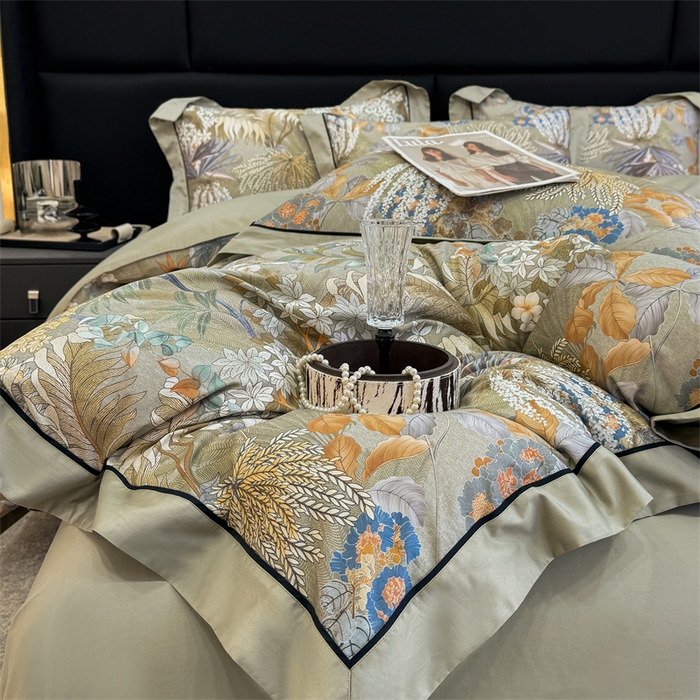 91家纺网 家纺一手货源 找家纺 宏羽纺家纺 2025年高支高密大版数码印花春夏新品 秘境-抹茶