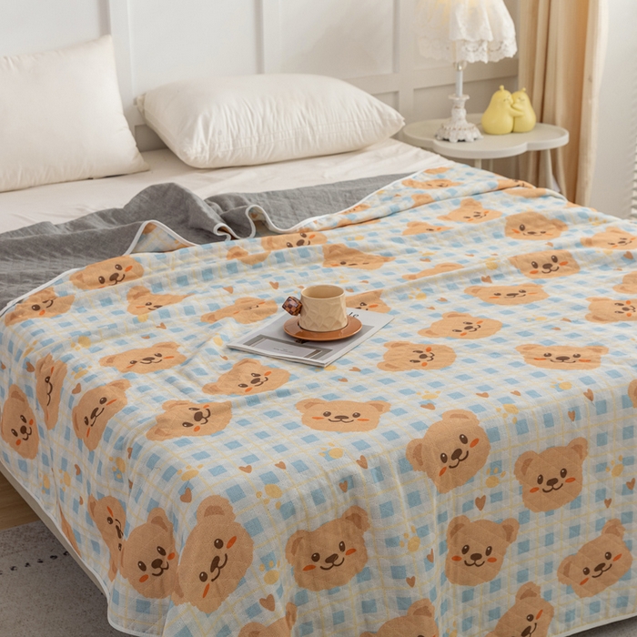 91家纺网 家纺一手货源 找家纺 乐家毛巾被（工厂自产自销） 2025新款A类全棉六层纱印花毛巾被 黄油小熊