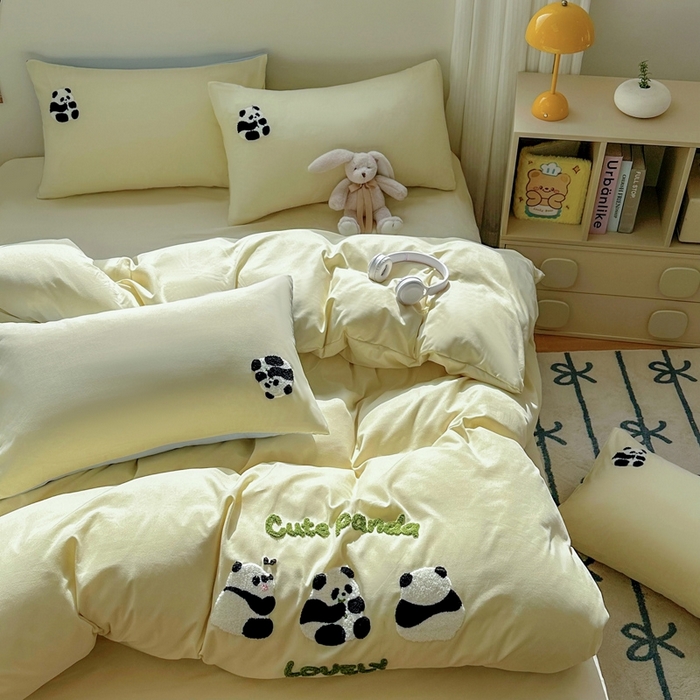 91家纺网 家纺一手货源 找家纺 易展家居 2025新款加厚水洗棉四件套-熊猫 春黄