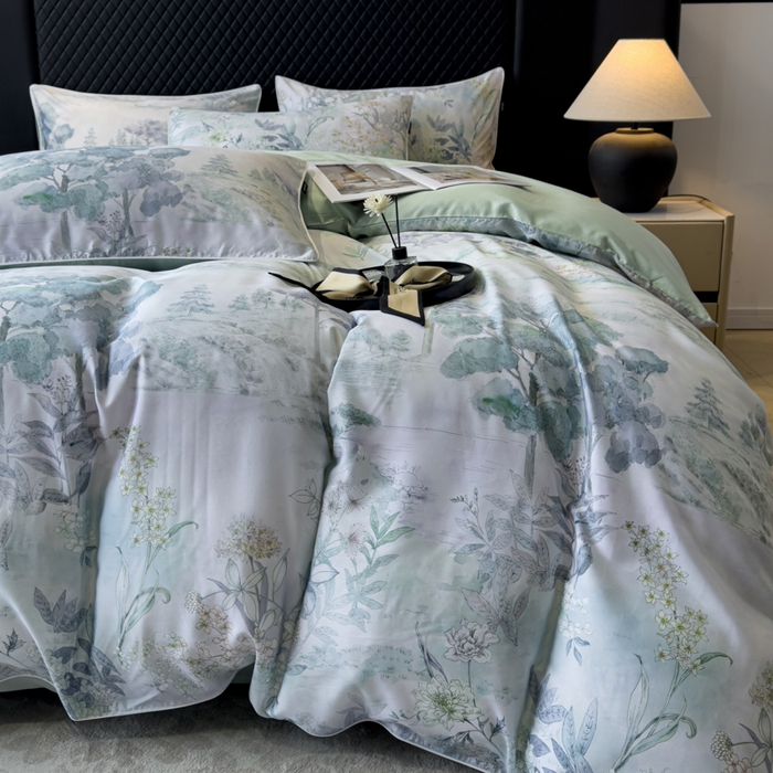 91家纺网 家纺一手货源 找家纺 洺兰家居 2025春夏新款100支莱赛尔天丝贡缎数码印花麻绳款四件套高端礼盒 远山黛兰绿