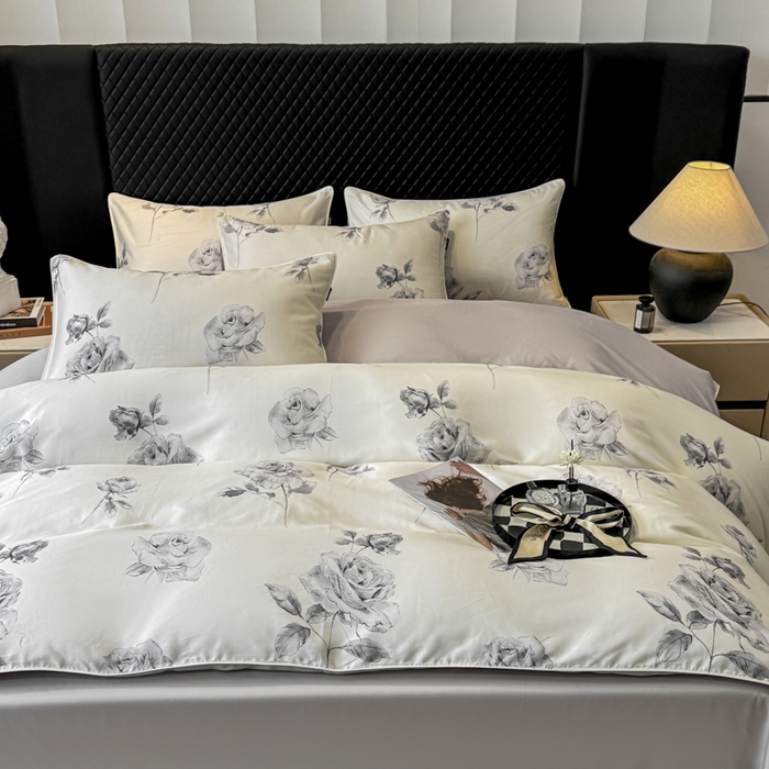 91家纺网 家纺一手货源 找家纺 洺兰家居 2025春夏新款100支莱赛尔天丝贡缎数码印花麻绳款四件套高端礼盒 瑰丽灰