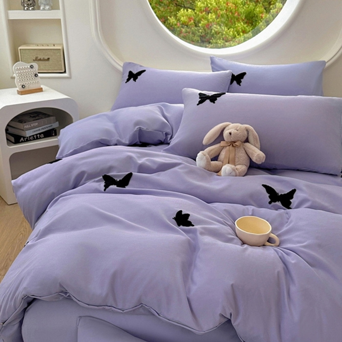 91家纺网 家纺一手货源 找家纺 迪拜家纺 2025新款加厚水洗棉四件套-蝴蝶 蝴蝶-紫