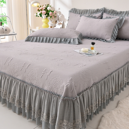 铠畅家纺 2025新款凉感豆豆床裙夏被三件套-花梦蝶 花梦蝶-高级灰