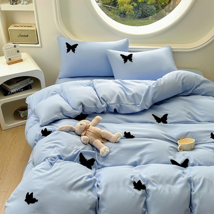 91家纺网 家纺一手货源 找家纺 迪拜家纺 2025新款加厚水洗棉四件套-蝴蝶 蝴蝶-蓝