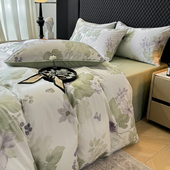 91家纺网 家纺一手货源 找家纺 芊寻家居 2025春夏新款50支莱赛尔天丝贡缎数码印花麻绳款四件套高端礼盒 翠影绿