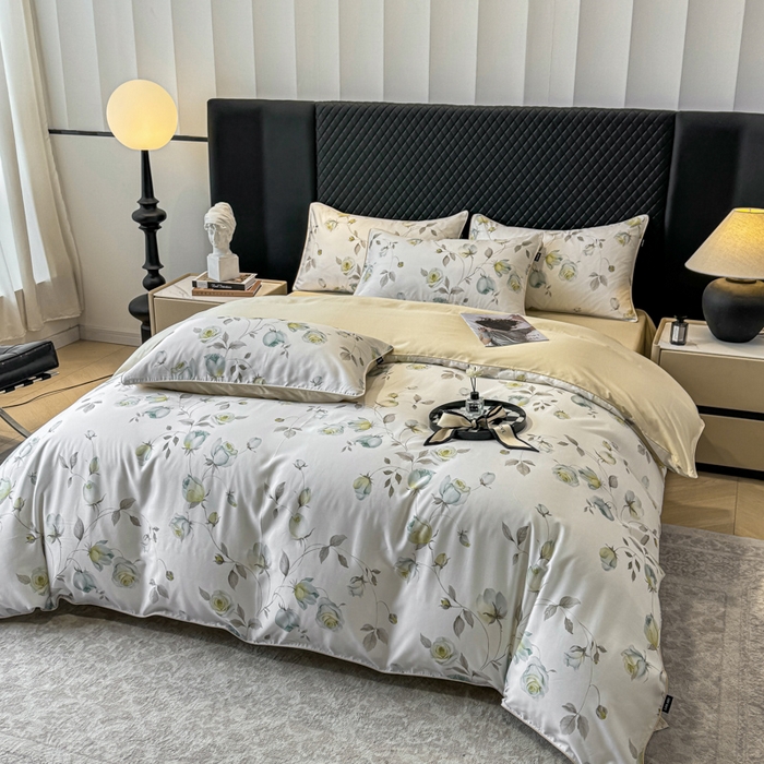 91家纺网 家纺一手货源 找家纺 洺兰家居 2025春夏新款100支莱赛尔天丝贡缎数码印花麻绳款四件套高端礼盒 花意盈香灰