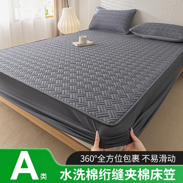91家纺网 家纺一手货源 找家纺 欧邦 2025新款四季款纯色水洗棉夹棉床笠床垫保护罩-场景一 条格-深灰