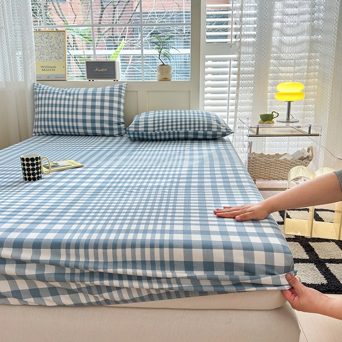 91家纺网 家纺一手货源 找家纺 2025新款老粗布三件套-床笠款 蓝格