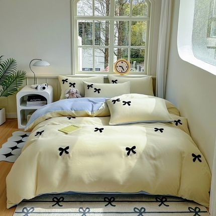 91家纺网 家纺一手货源 找家纺 迪拜家纺 2025新款加厚水洗棉四件套-蝴蝶结 蝴蝶结-黄+蓝
