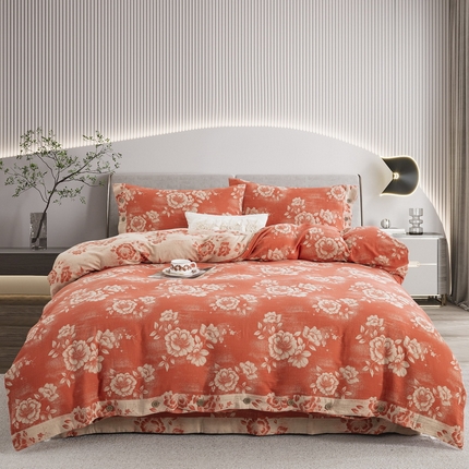 鲁爱家纺供货 2025新款全棉色织双层纱纽扣款四件套 云纱-桔红