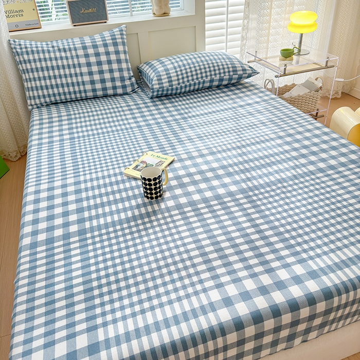 91家纺网 家纺一手货源 找家纺 2025新款老粗布三件套-床笠款 蓝格