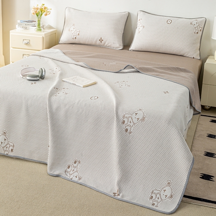 91家纺网 家纺一手货源 找家纺 梦初语 2025新款A类华夫格冰豆豆夏被子针织提花凉感夏凉被单双人空调被可机水洗 轻奢小熊-棕
