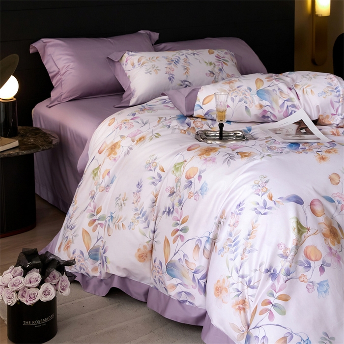 91家纺网 家纺一手货源 找家纺 宏羽纺家纺 2025年高支高密大版数码印花春夏新品 花家境-风铃紫