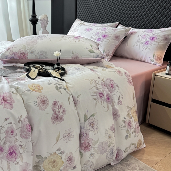 91家纺网 家纺一手货源 找家纺 芊寻家居 2025春夏新款50支莱赛尔天丝贡缎数码印花麻绳款四件套高端礼盒 春晓紫