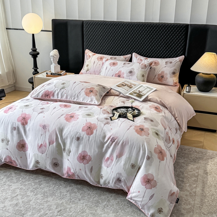 91家纺网 家纺一手货源 找家纺 芊寻家居 2025春夏新款50支莱赛尔天丝贡缎数码印花麻绳款四件套高端礼盒 花仙子粉