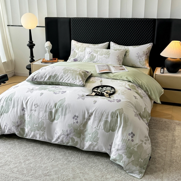 91家纺网 家纺一手货源 找家纺 洺兰家居 2025春夏新款100支莱赛尔天丝贡缎数码印花麻绳款四件套高端礼盒 翠影绿