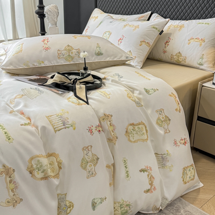 91家纺网 家纺一手货源 找家纺 芊寻家居 2025春夏新款50支莱赛尔天丝贡缎数码印花麻绳款四件套高端礼盒 洛丽塔米