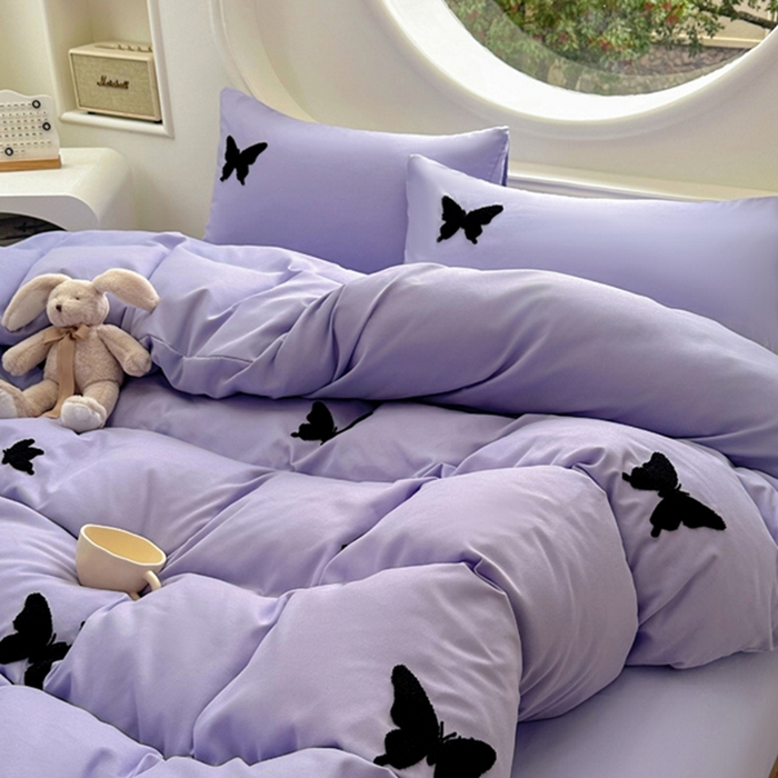 91家纺网 家纺一手货源 找家纺 迪拜家纺 2025新款加厚水洗棉四件套-蝴蝶 蝴蝶-紫