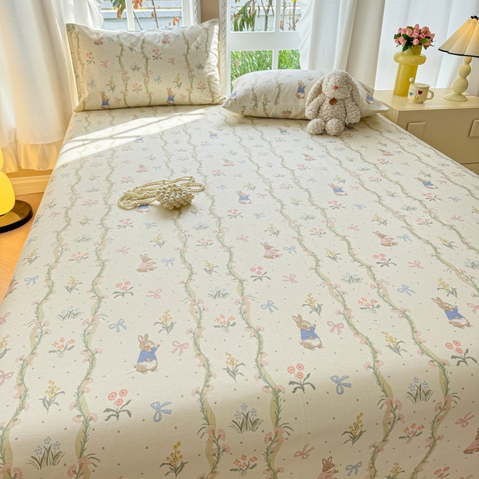 91家纺网 家纺一手货源 找家纺 吉象家纺 2025新款老粗布三件套-床单款 蔓藤兔