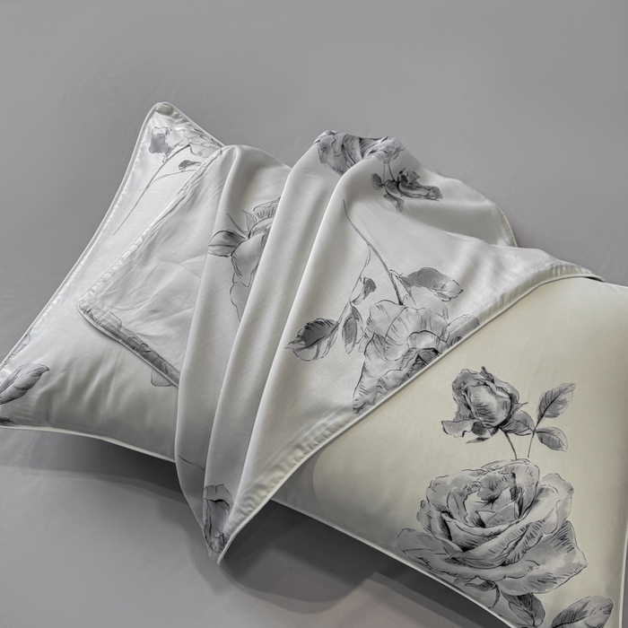 91家纺网 家纺一手货源 找家纺 洺兰家居 2025春夏新款100支莱赛尔天丝贡缎数码印花麻绳款四件套高端礼盒 瑰丽灰