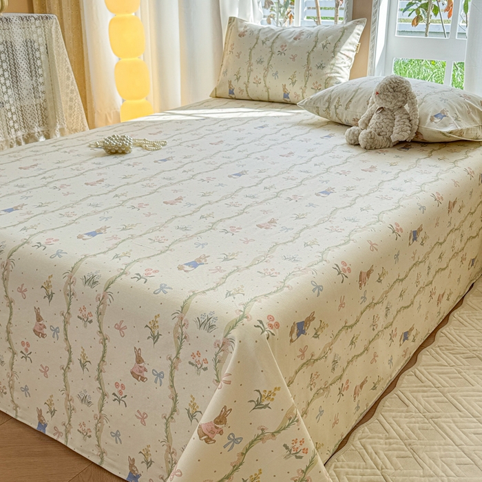 91家纺网 家纺一手货源 找家纺 吉象家纺 2025新款老粗布三件套-床单款 蔓藤兔