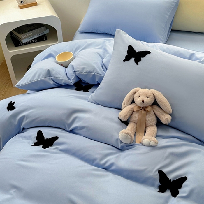 91家纺网 家纺一手货源 找家纺 迪拜家纺 2025新款加厚水洗棉四件套-蝴蝶 蝴蝶-蓝