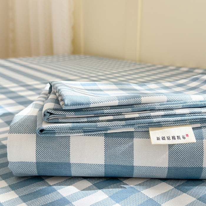 91家纺网 家纺一手货源 找家纺 吉象家纺 2025新款老粗布三件套-床单款 蓝格