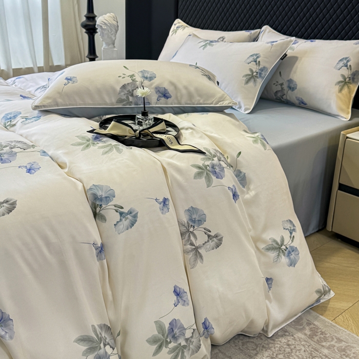 91家纺网 家纺一手货源 找家纺 芊寻家居 2025春夏新款50支莱赛尔天丝贡缎数码印花麻绳款四件套高端礼盒 流年兰