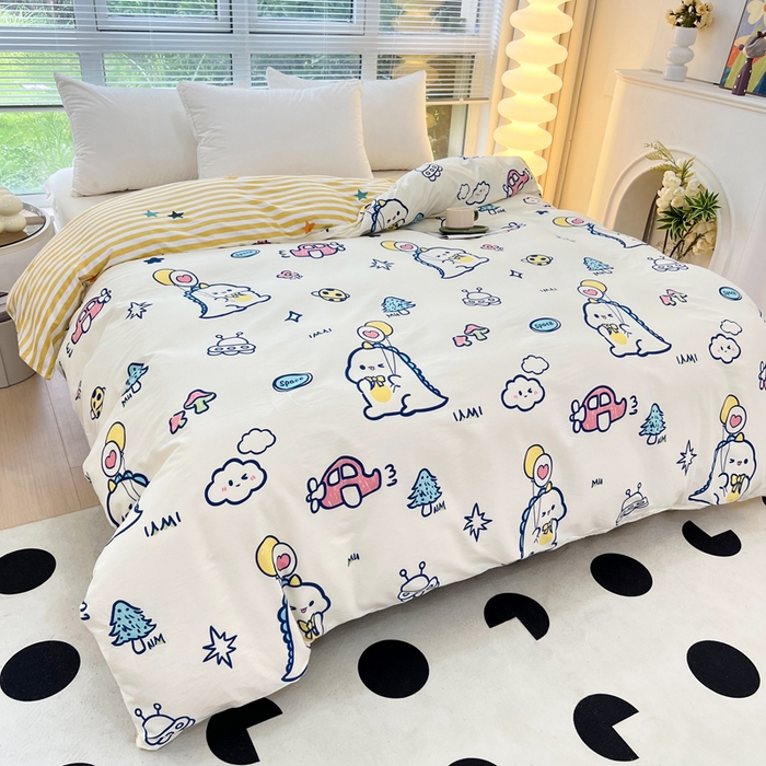 91家纺网 家纺一手货源 找家纺 依庭 2025新款全棉印花花卉款四件套单品系列-单被套 蜡笔恐龙