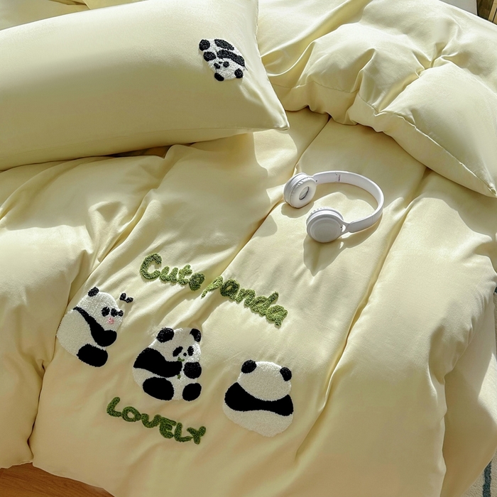 91家纺网 家纺一手货源 找家纺 易展家居 2025新款加厚水洗棉四件套-熊猫 春黄