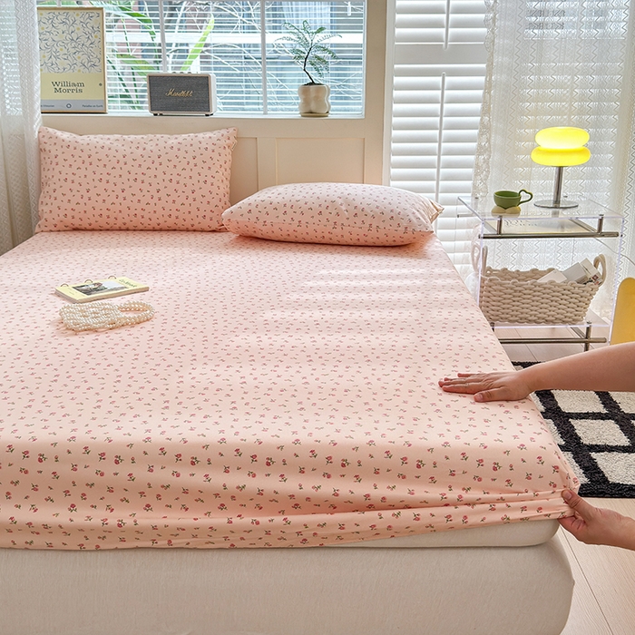 91家纺网 家纺一手货源 找家纺 2025新款老粗布三件套-床笠款 粉玫瑰