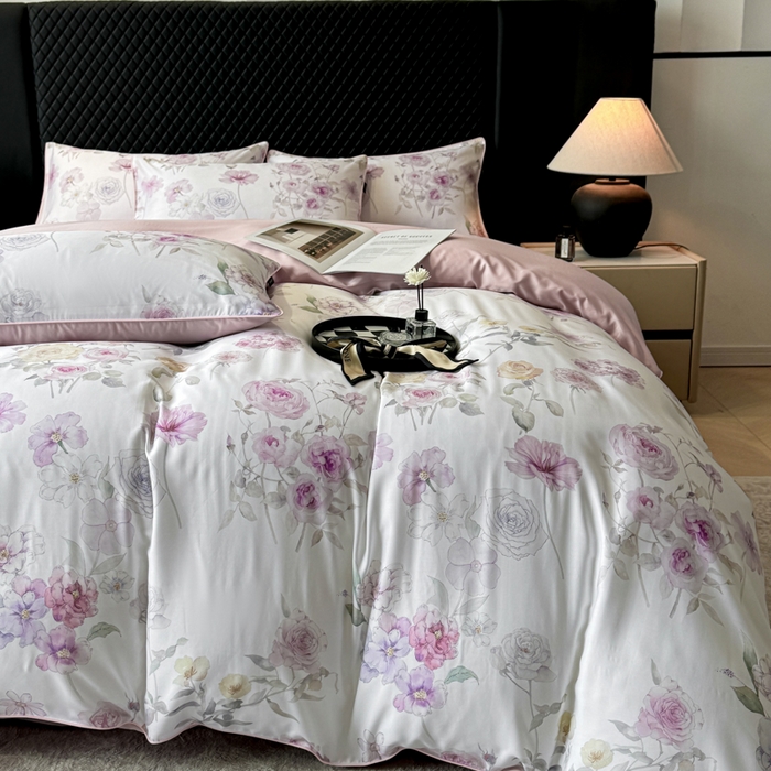 91家纺网 家纺一手货源 找家纺 洺兰家居 2025春夏新款100支莱赛尔天丝贡缎数码印花麻绳款四件套高端礼盒 春晓紫