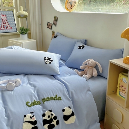 91家纺网 家纺一手货源 找家纺 迪拜家纺 2025新款加厚水洗棉四件套-熊猫 净蓝