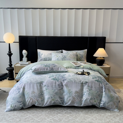 洺兰家居 2025春夏新款100支莱赛尔天丝贡缎数码印花麻绳款四件套高端礼盒 远山黛兰绿