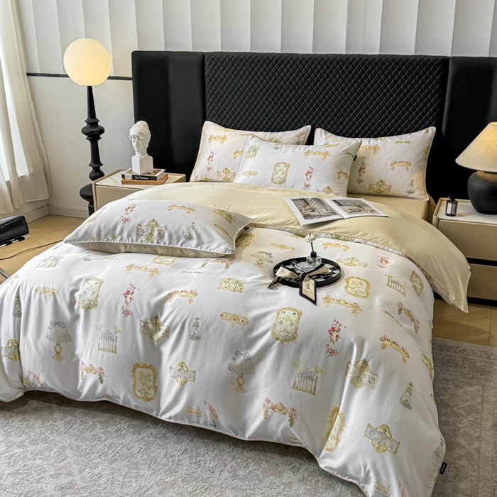 91家纺网 家纺一手货源 找家纺 洺兰家居 2025春夏新款100支莱赛尔天丝贡缎数码印花麻绳款四件套高端礼盒 洛丽塔米