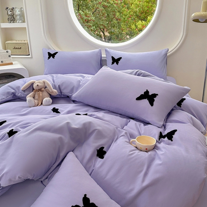 91家纺网 家纺一手货源 找家纺 迪拜家纺 2025新款加厚水洗棉四件套-蝴蝶 蝴蝶-紫