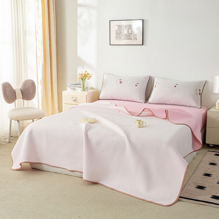 91家纺网 家纺一手货源 找家纺 梦初语 2025新款A类华夫格冰豆豆夏被子针织提花凉感夏凉被单双人空调被可机水洗 浪漫粉