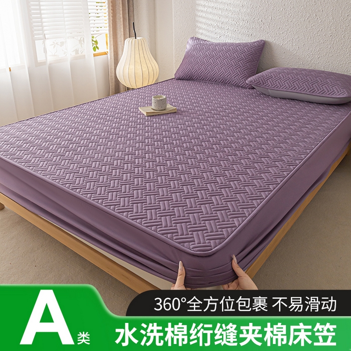 91家纺网 家纺一手货源 找家纺 欧邦 2025新款四季款纯色水洗棉夹棉床笠床垫保护罩-场景一 条格-魅紫